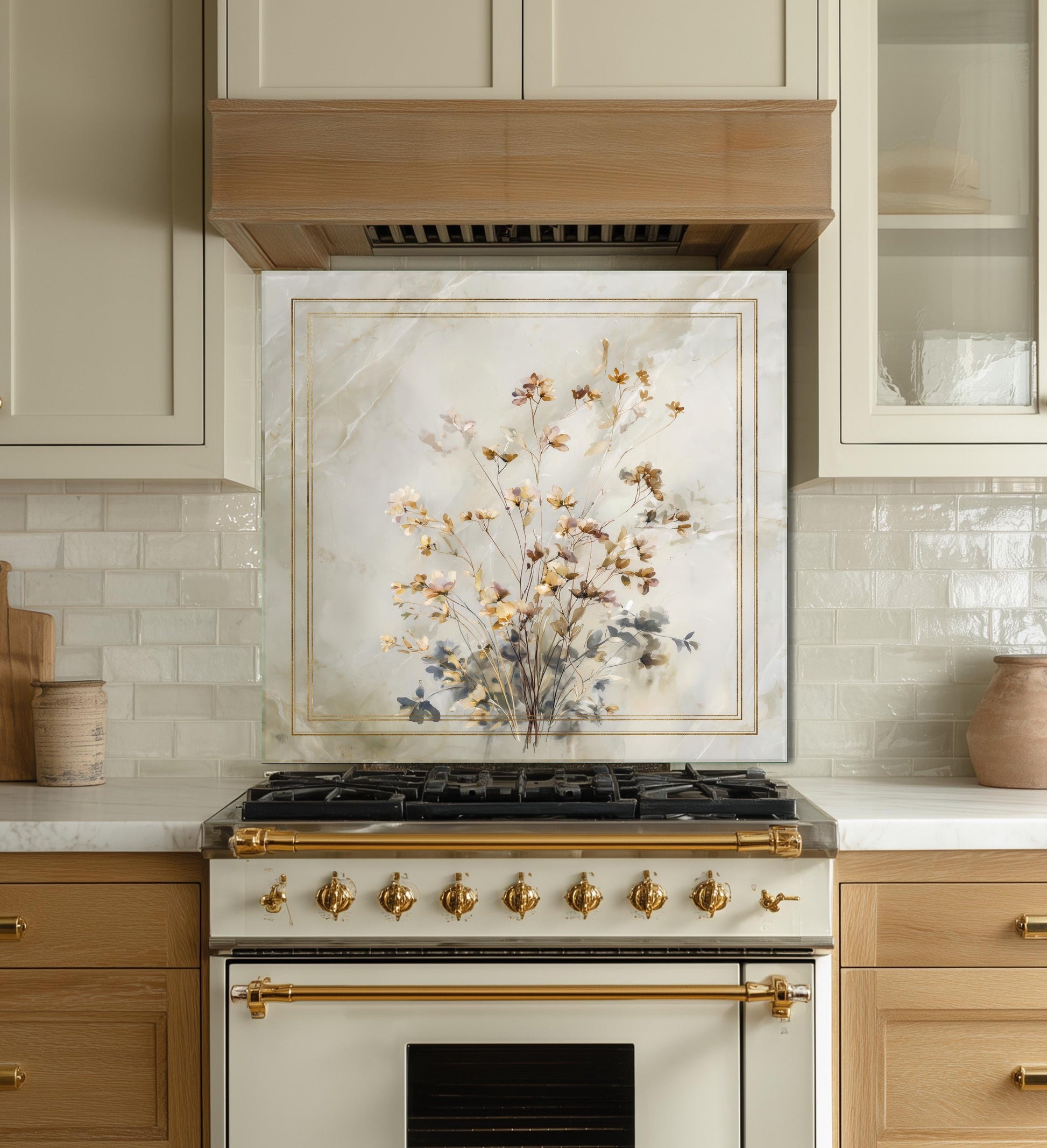 Golden Wildflower Marble Backsplash, Soft Watercolor Stove Guard, Custom Size Glass Art