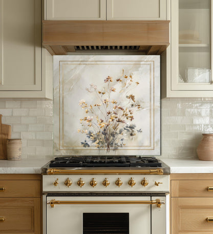 Golden Wildflower Marble Backsplash, Soft Watercolor Stove Guard, Custom Size Glass Art