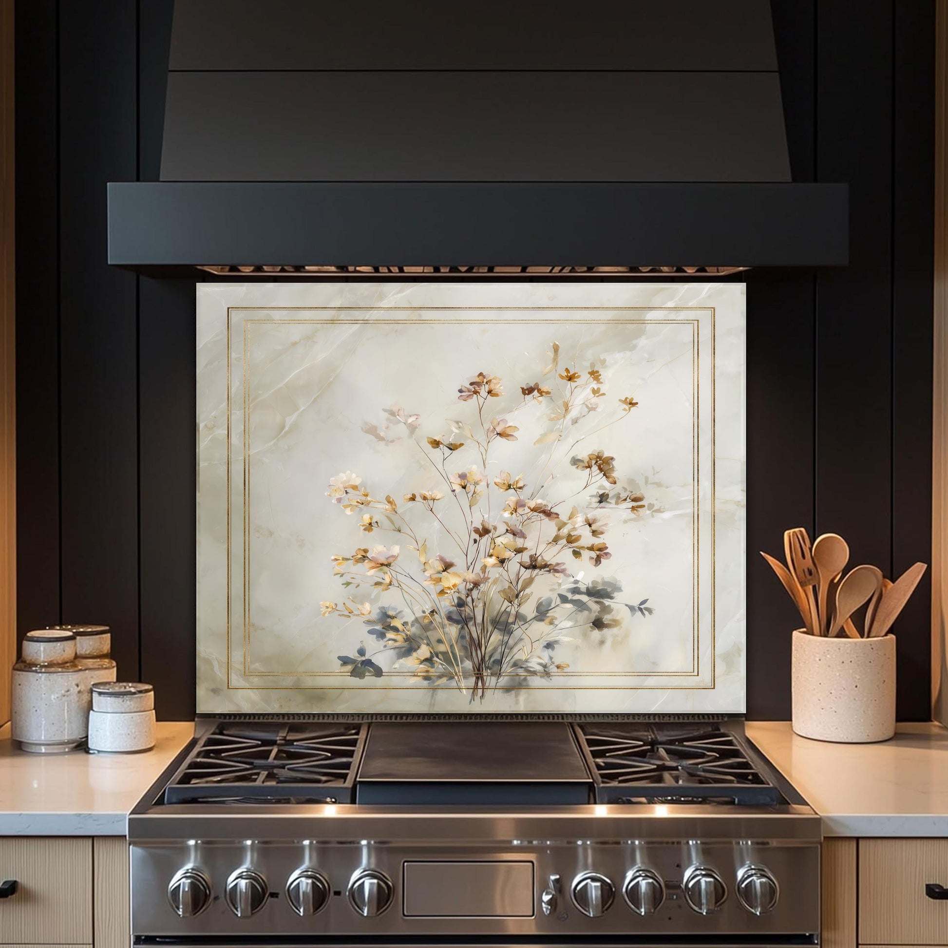 Golden Wildflower Marble Backsplash, Soft Watercolor Stove Guard, Custom Size Glass Art