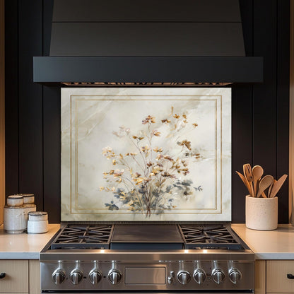 Golden Wildflower Marble Backsplash, Soft Watercolor Stove Guard, Custom Size Glass Art