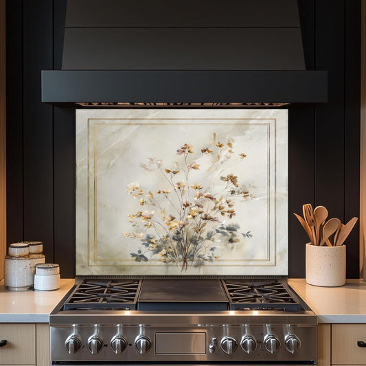Golden Wildflower Marble Backsplash, Soft Watercolor Stove Guard, Custom Size Glass Art