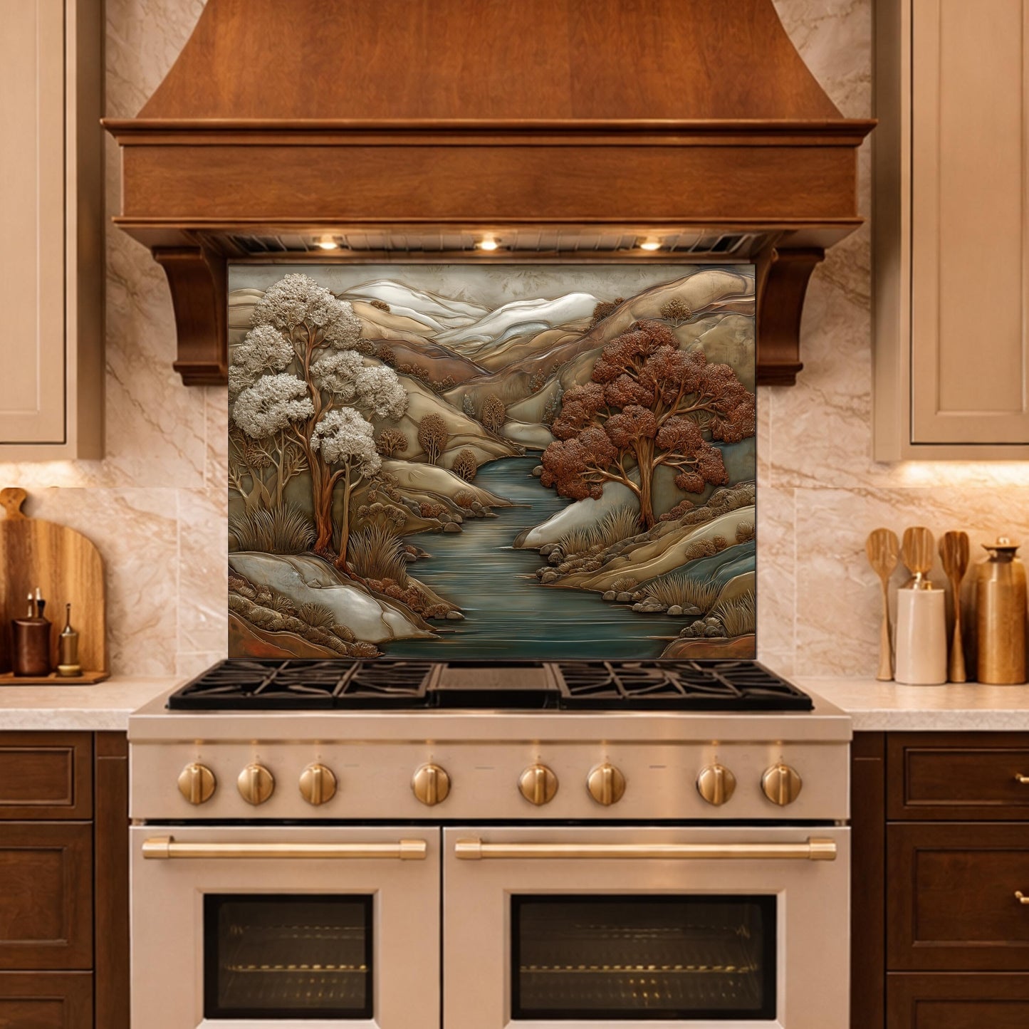 3D-Effect Copper Landscape Tempered Glass Kitchen Backsplash – Mountain River Wall Panel, Custom Size