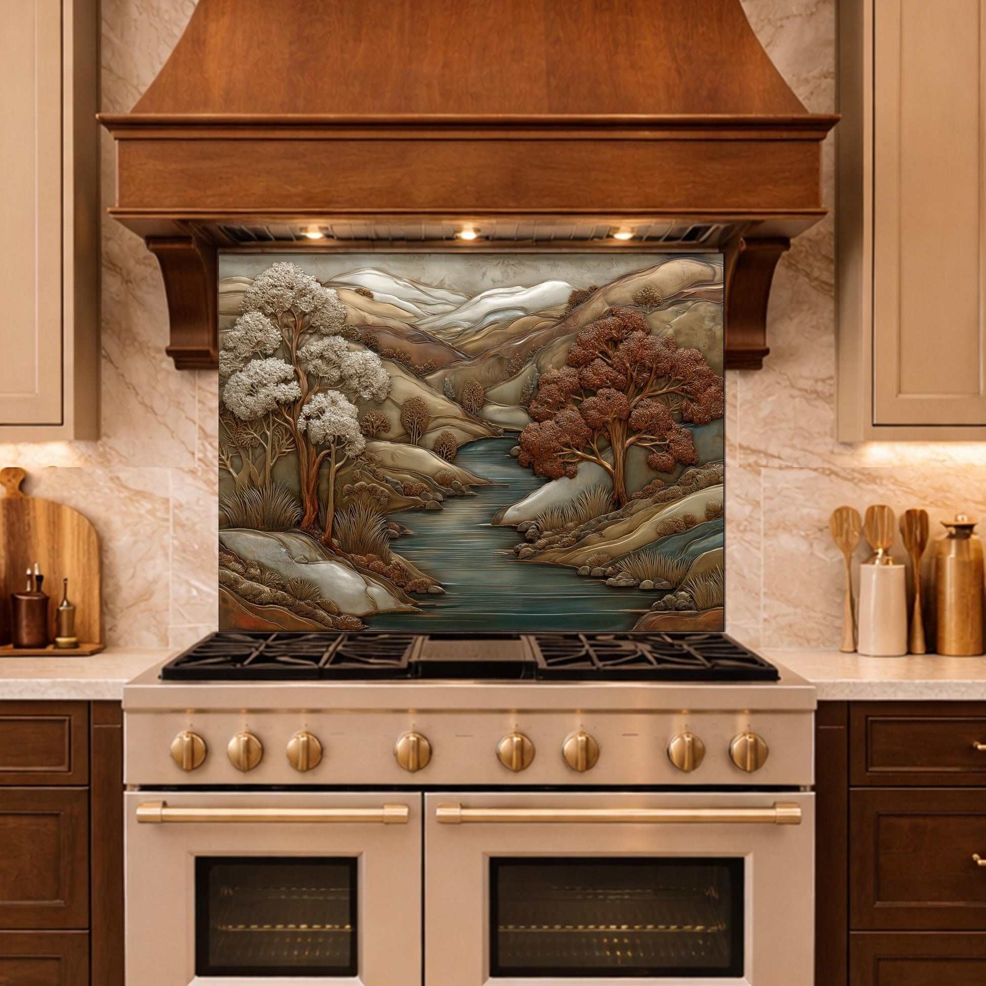 3D-Effect Copper Landscape Tempered Glass Kitchen Backsplash – Mountain River Wall Panel, Custom Size