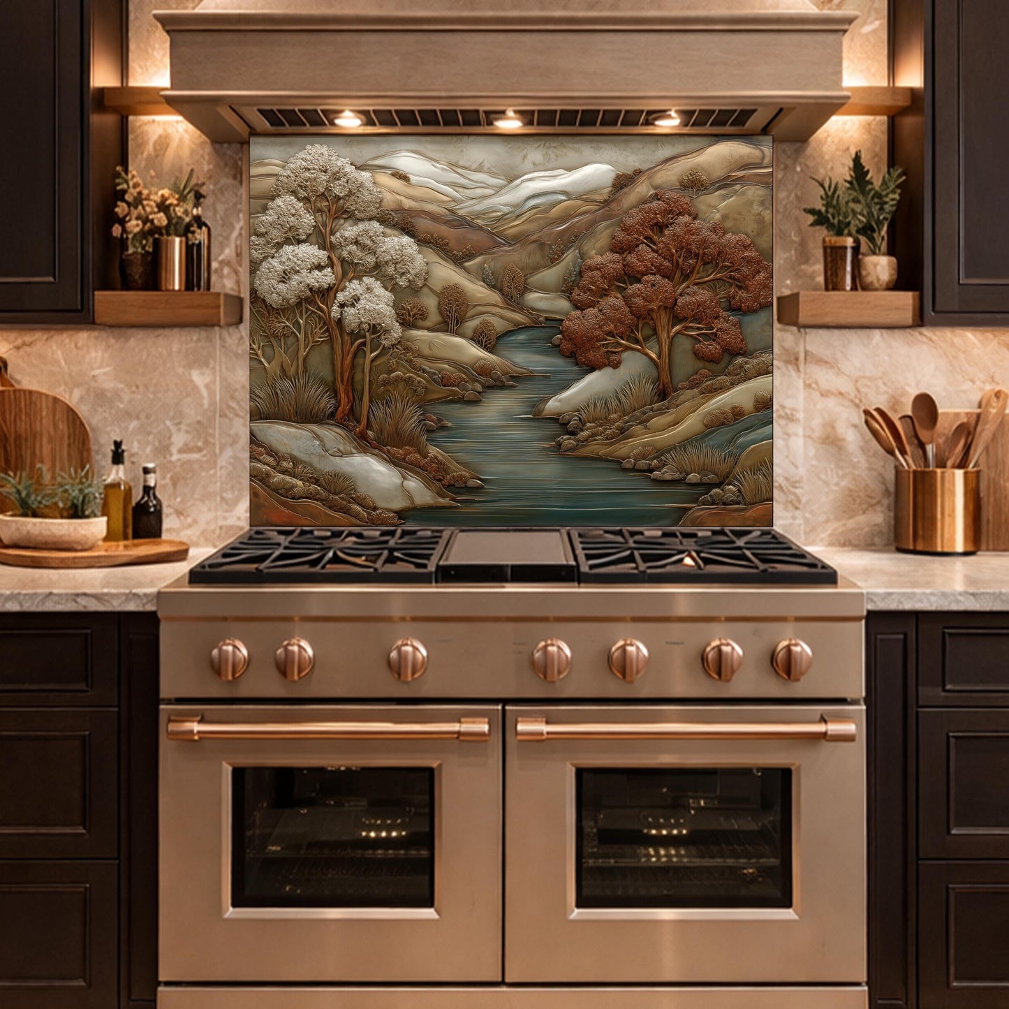 3D-Effect Copper Landscape Tempered Glass Kitchen Backsplash – Mountain River Wall Panel, Custom Size