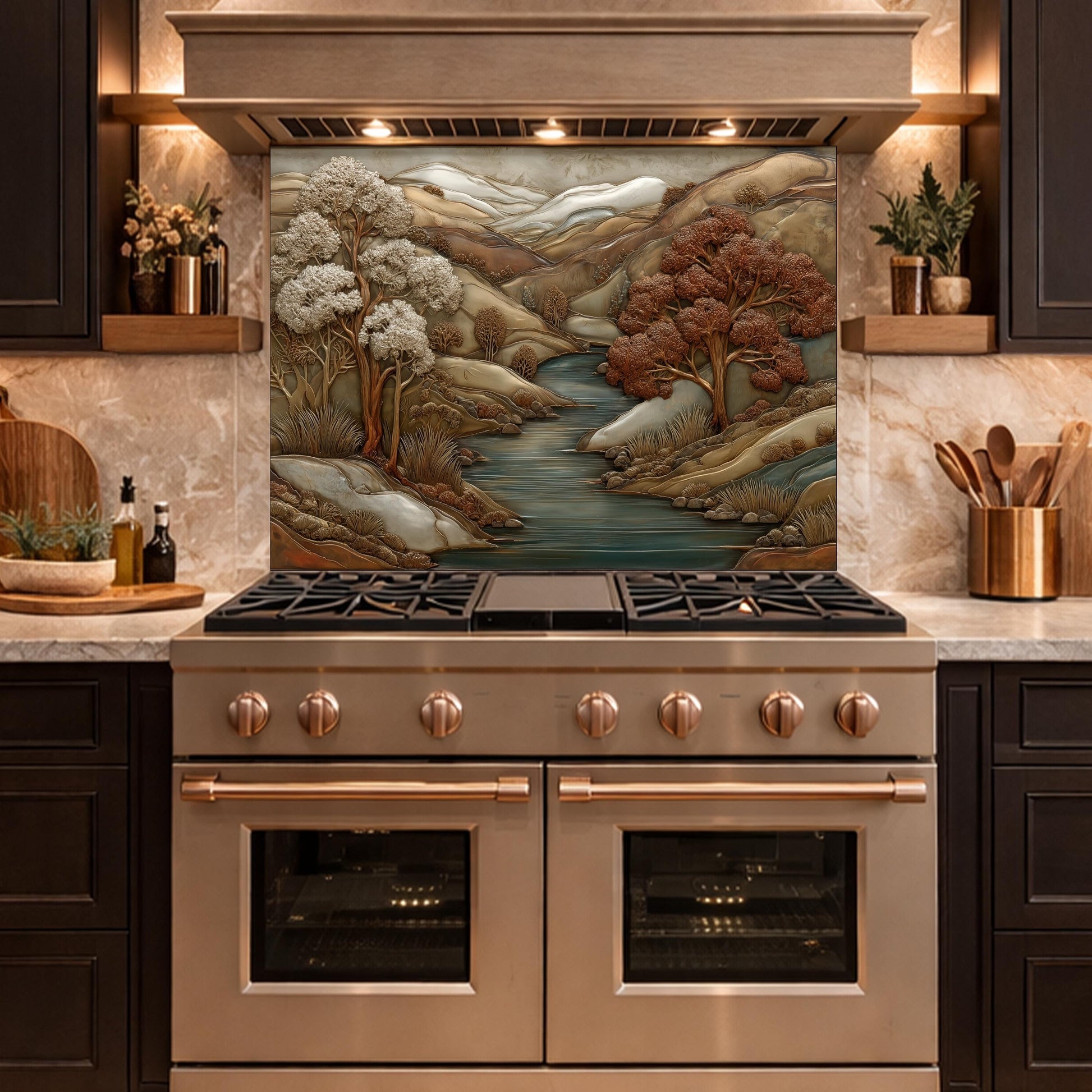 3D-Effect Copper Landscape Tempered Glass Kitchen Backsplash – Mountain River Wall Panel, Custom Size