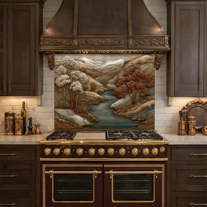 3D-Effect Copper Landscape Tempered Glass Kitchen Backsplash – Mountain River Wall Panel, Custom Size