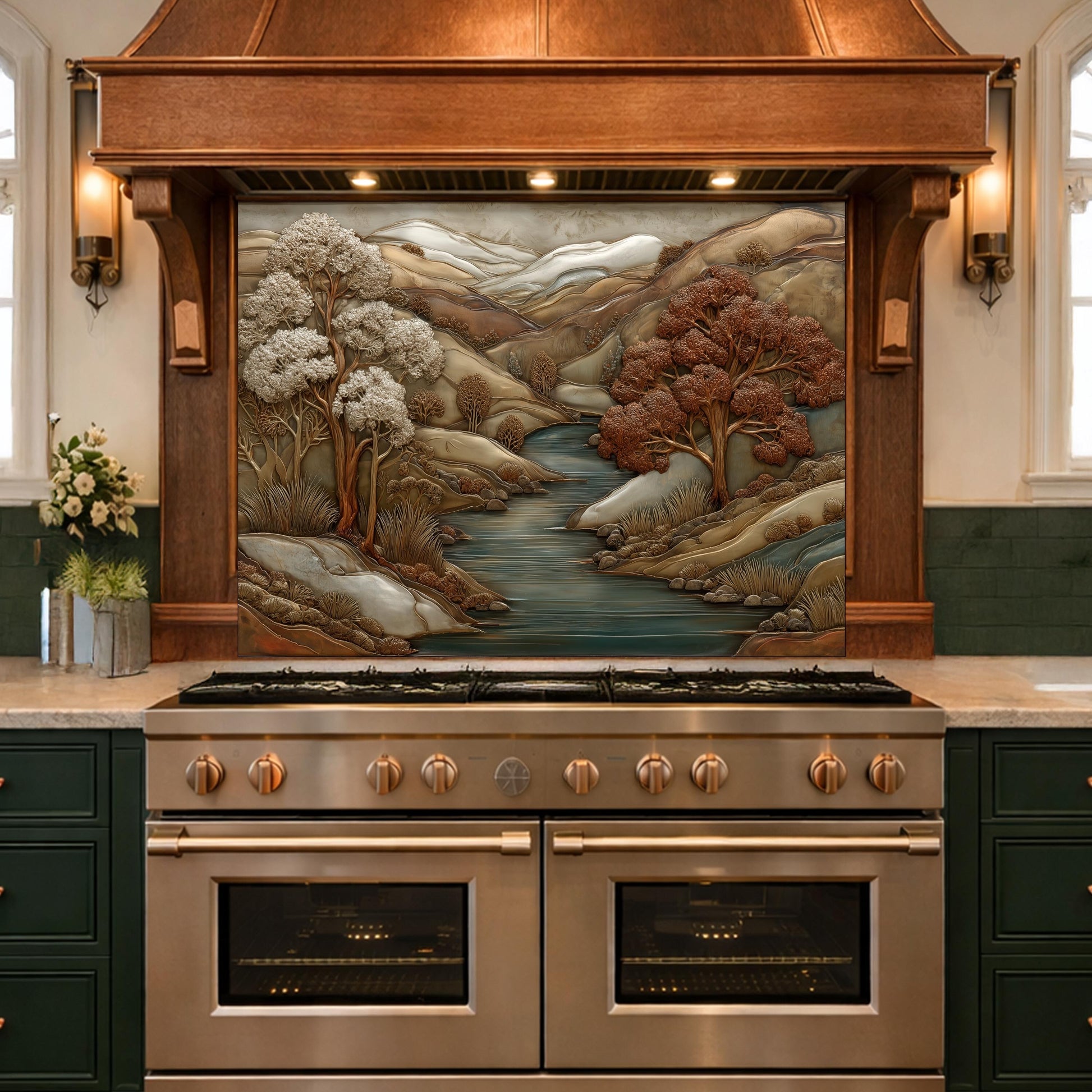 3D-Effect Copper Landscape Tempered Glass Kitchen Backsplash – Mountain River Wall Panel, Custom Size