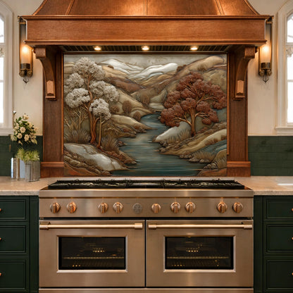 3D-Effect Copper Landscape Tempered Glass Kitchen Backsplash – Mountain River Wall Panel, Custom Size