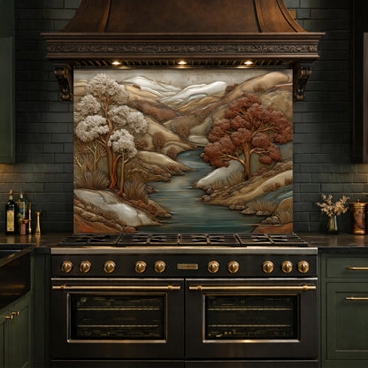 3D-Effect Copper Landscape Tempered Glass Kitchen Backsplash – Mountain River Wall Panel, Custom Size