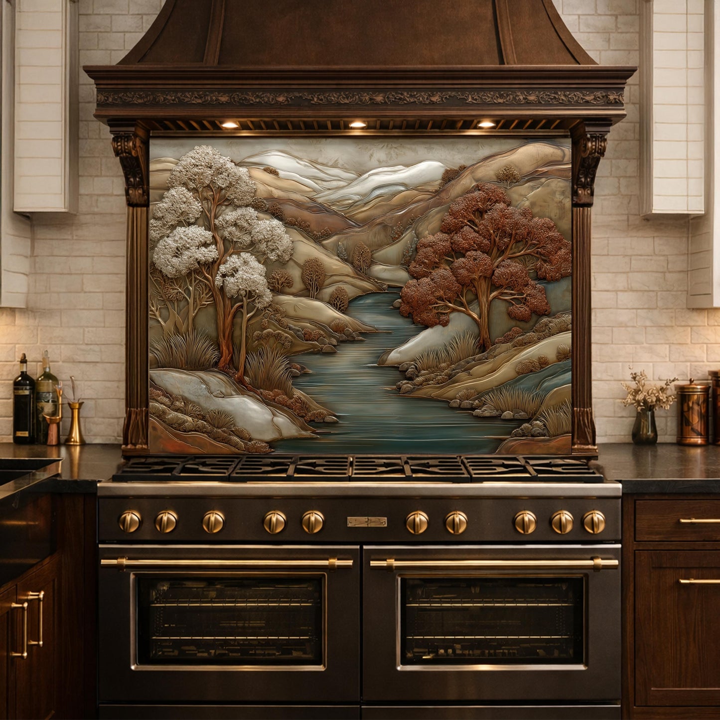 3D-Effect Copper Landscape Tempered Glass Kitchen Backsplash – Mountain River Wall Panel, Custom Size
