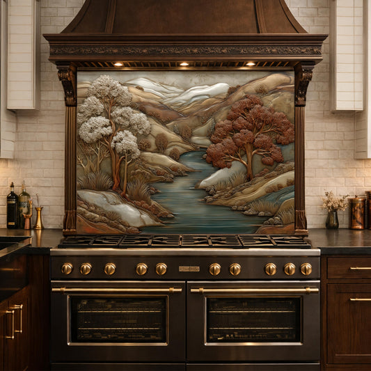 3D-Effect Copper Landscape Tempered Glass Kitchen Backsplash – Mountain River Wall Panel, Custom Size