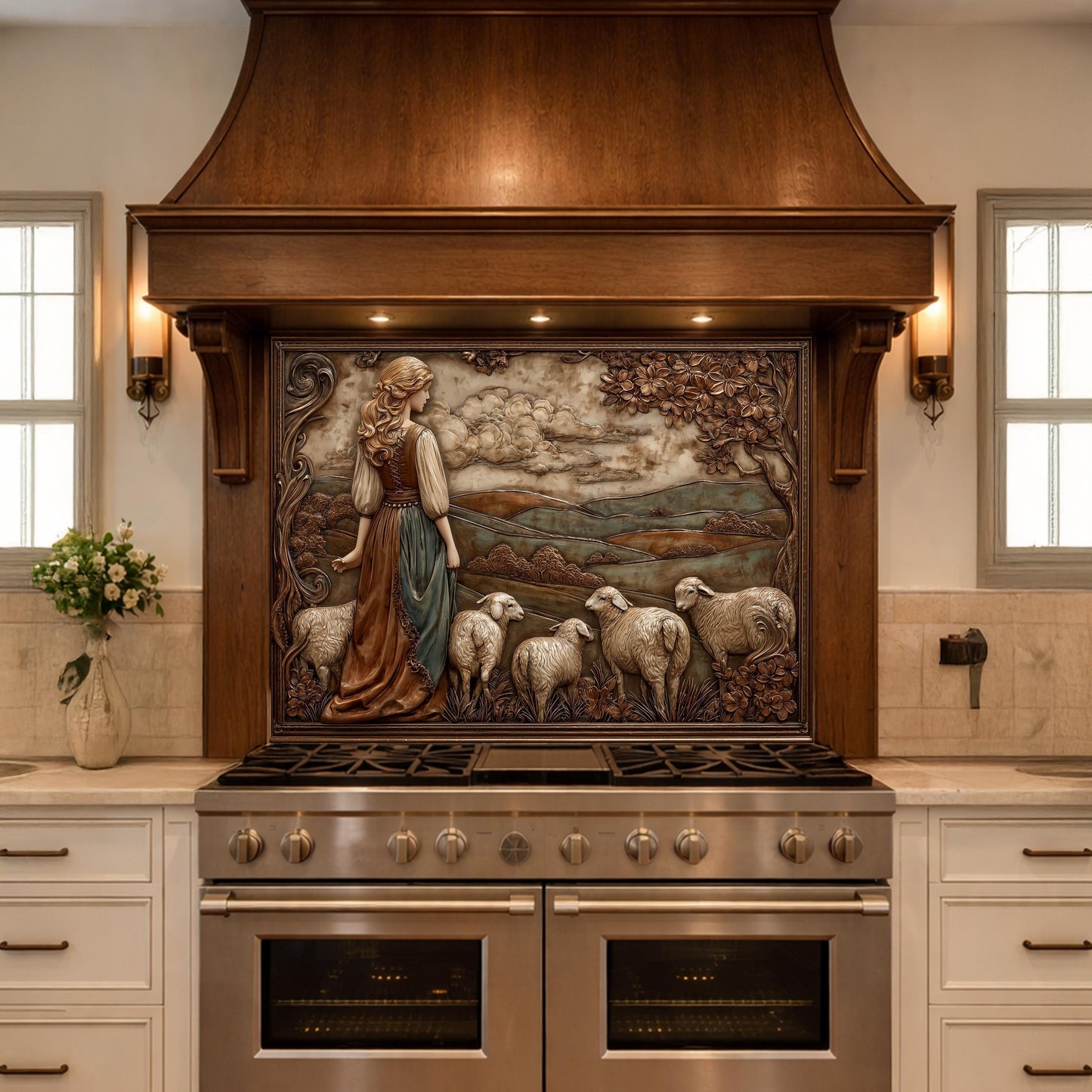 3D-Effect Copper Shepherdess Tempered Glass Kitchen Backsplash – Pastoral Countryside Scene Wall Panel, Custom Size