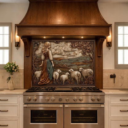 3D-Effect Copper Shepherdess Tempered Glass Kitchen Backsplash – Pastoral Countryside Scene Wall Panel, Custom Size