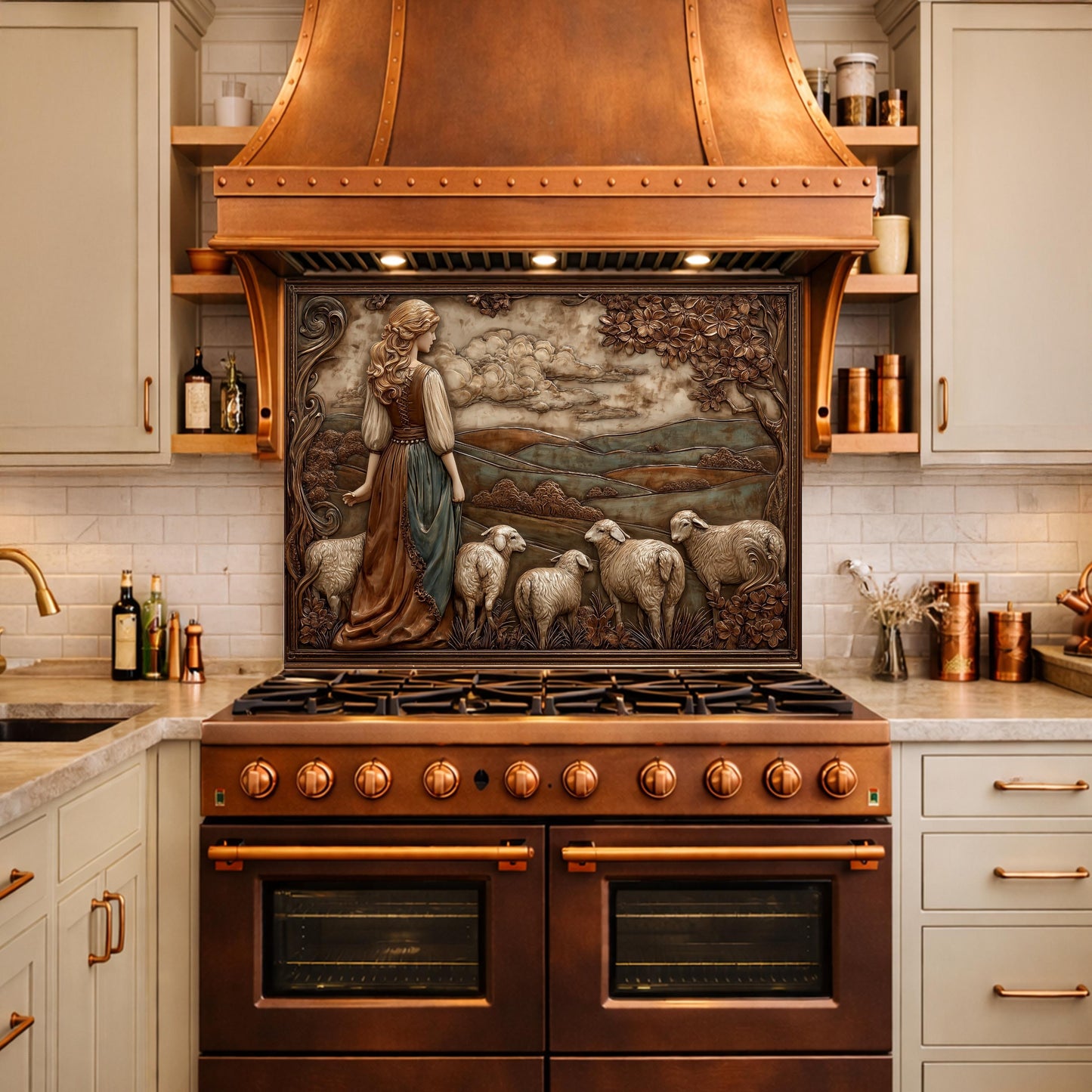 3D-Effect Copper Shepherdess Tempered Glass Kitchen Backsplash – Pastoral Countryside Scene Wall Panel, Custom Size