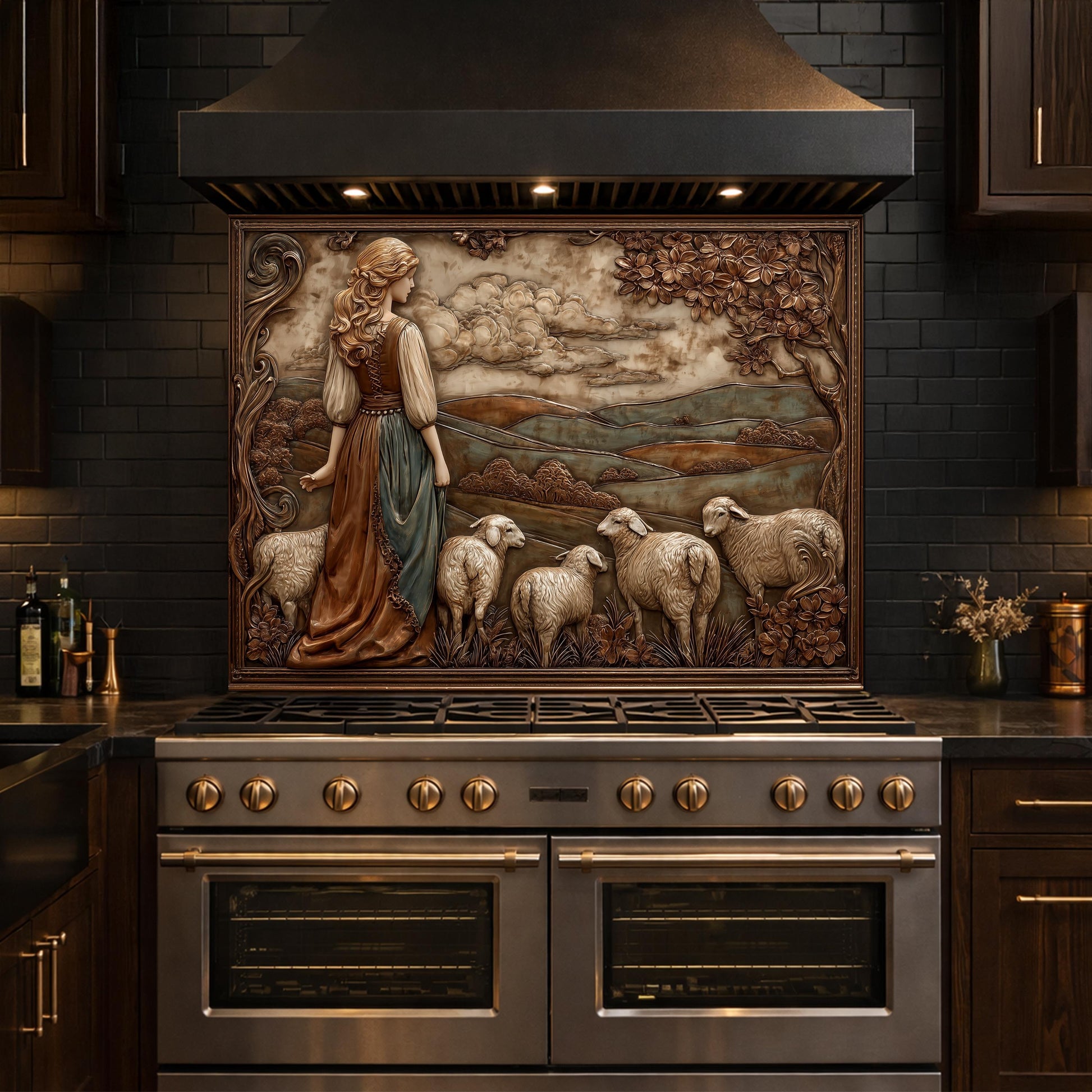 3D-Effect Copper Shepherdess Tempered Glass Kitchen Backsplash – Pastoral Countryside Scene Wall Panel, Custom Size
