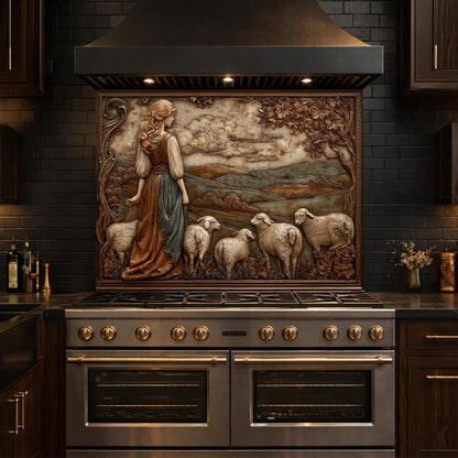 3D-Effect Copper Shepherdess Tempered Glass Kitchen Backsplash – Pastoral Countryside Scene Wall Panel, Custom Size