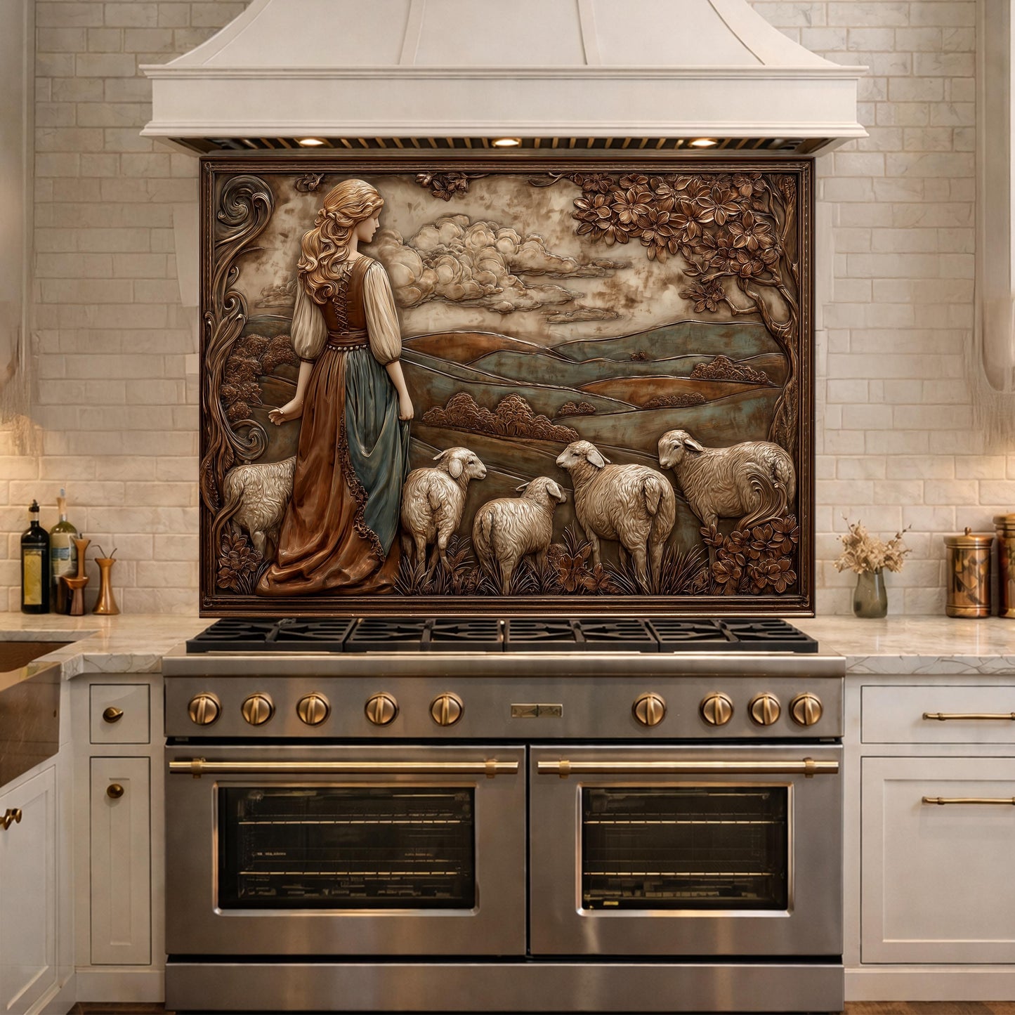 3D-Effect Copper Shepherdess Tempered Glass Kitchen Backsplash – Pastoral Countryside Scene Wall Panel, Custom Size
