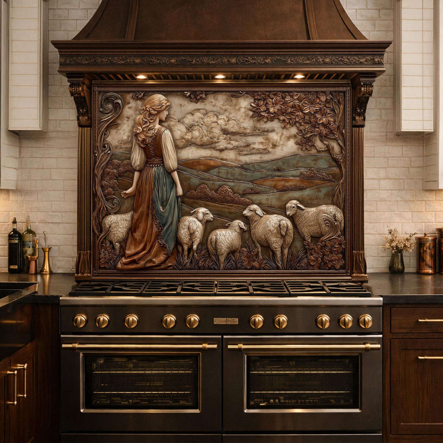 3D-Effect Copper Shepherdess Tempered Glass Kitchen Backsplash – Pastoral Countryside Scene Wall Panel, Custom Size
