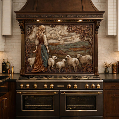 3D-Effect Copper Shepherdess Tempered Glass Kitchen Backsplash – Pastoral Countryside Scene Wall Panel, Custom Size