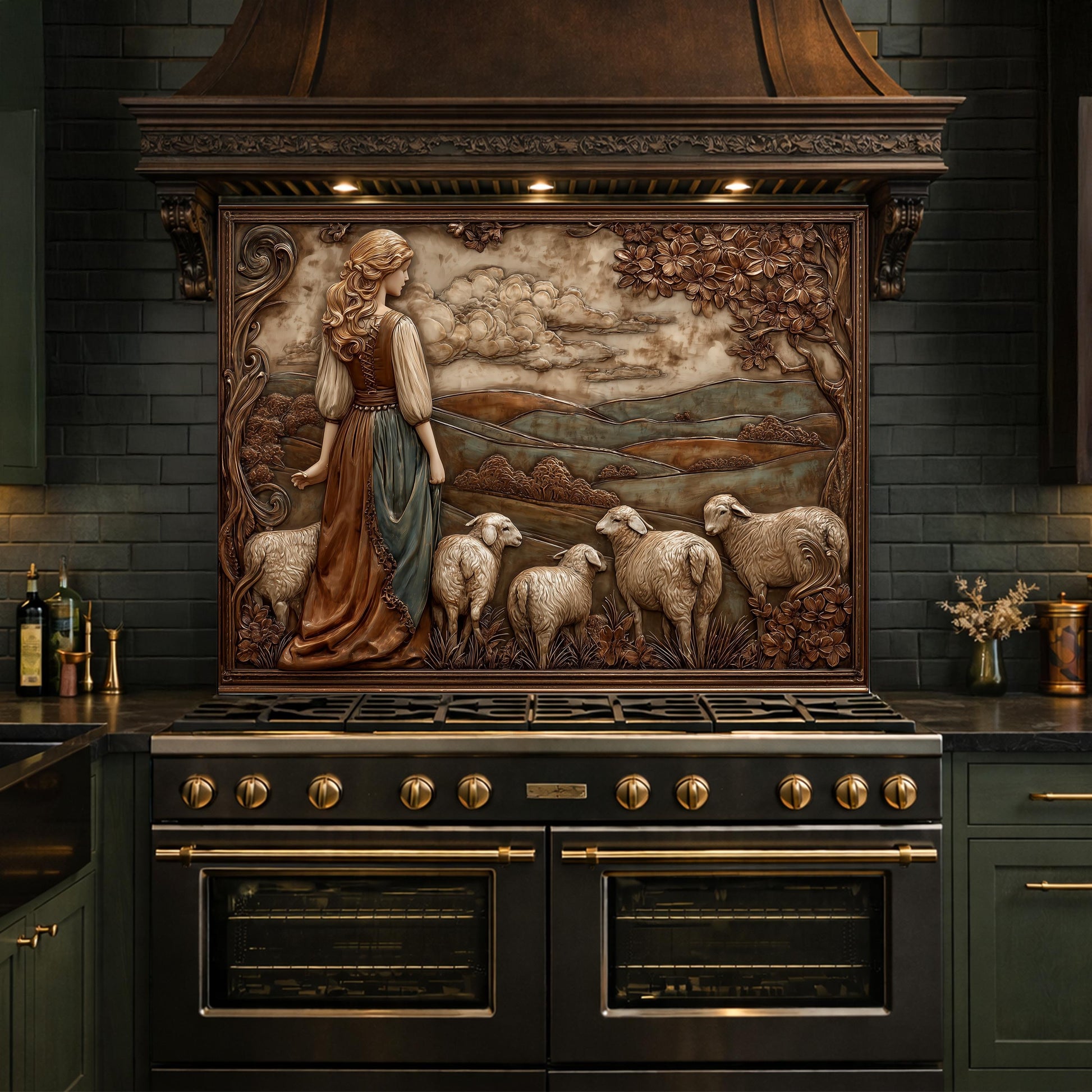 3D-Effect Copper Shepherdess Tempered Glass Kitchen Backsplash – Pastoral Countryside Scene Wall Panel, Custom Size