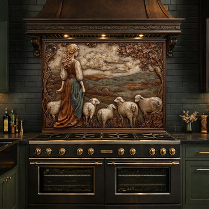 3D-Effect Copper Shepherdess Tempered Glass Kitchen Backsplash – Pastoral Countryside Scene Wall Panel, Custom Size
