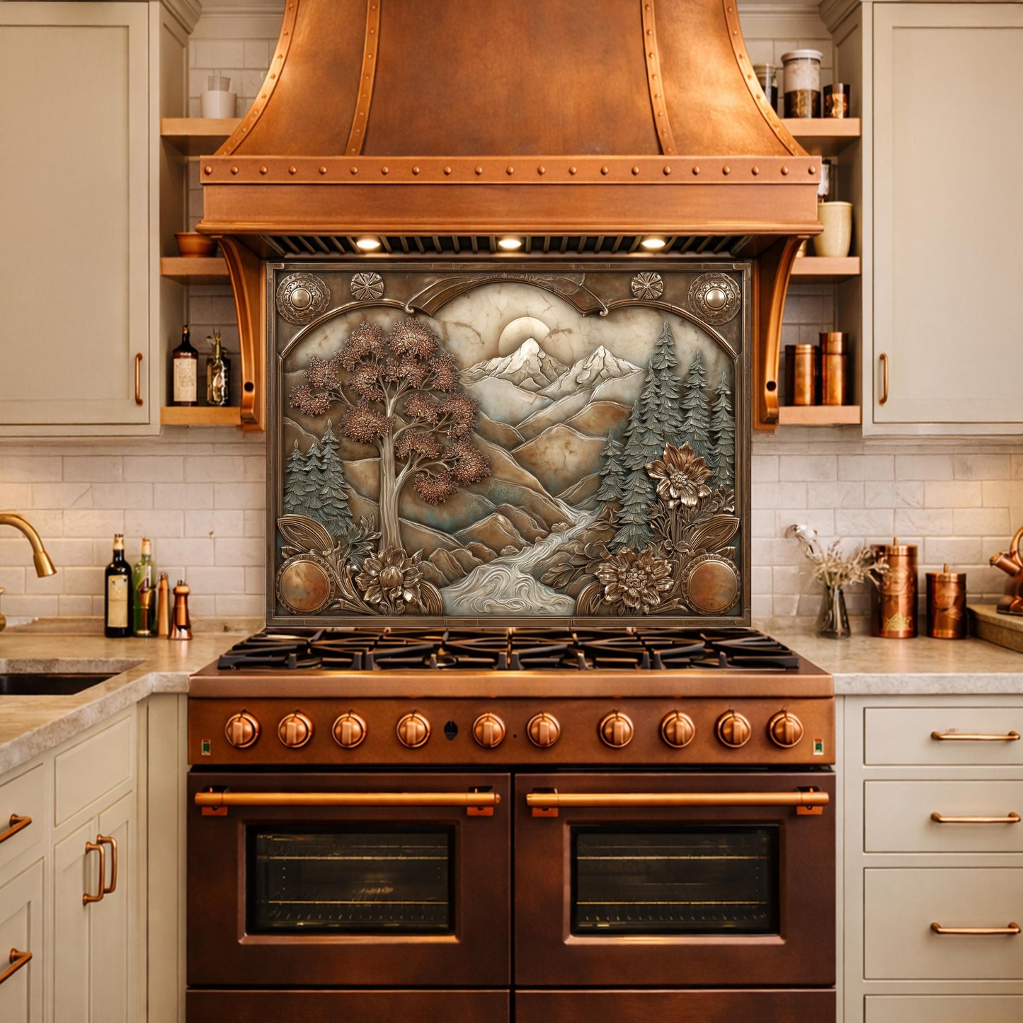 Wilderness Valley Tempered Glass Backsplash, Copper Embossed River Forest Wall Panel, Custom Size