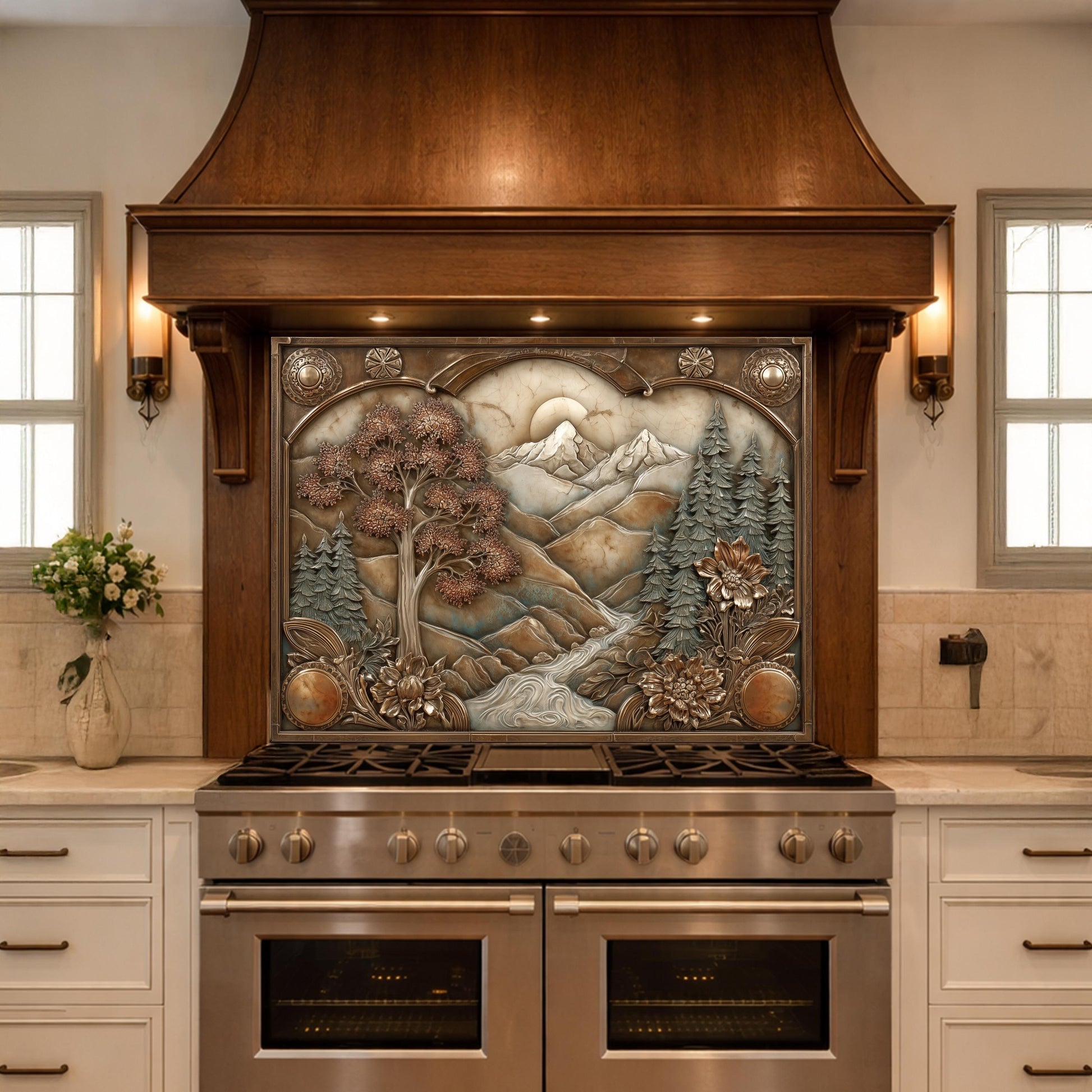 Wilderness Valley Tempered Glass Backsplash, Copper Embossed River Forest Wall Panel, Custom Size