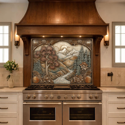 Wilderness Valley Tempered Glass Backsplash, Copper Embossed River Forest Wall Panel, Custom Size
