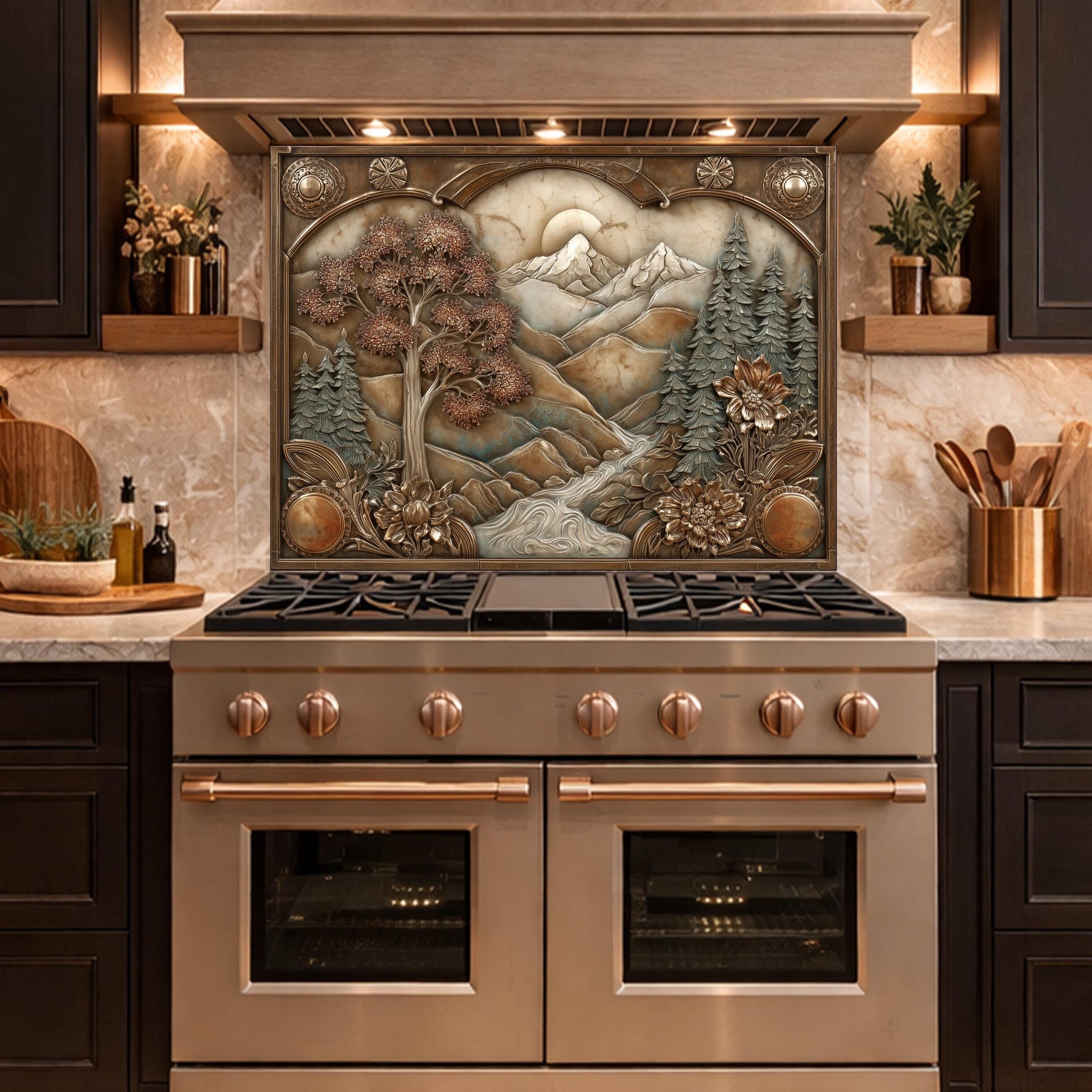 Wilderness Valley Tempered Glass Backsplash, Copper Embossed River Forest Wall Panel, Custom Size