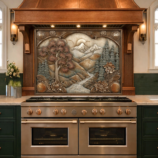 Wilderness Valley Tempered Glass Backsplash, Copper Embossed River Forest Wall Panel, Custom Size
