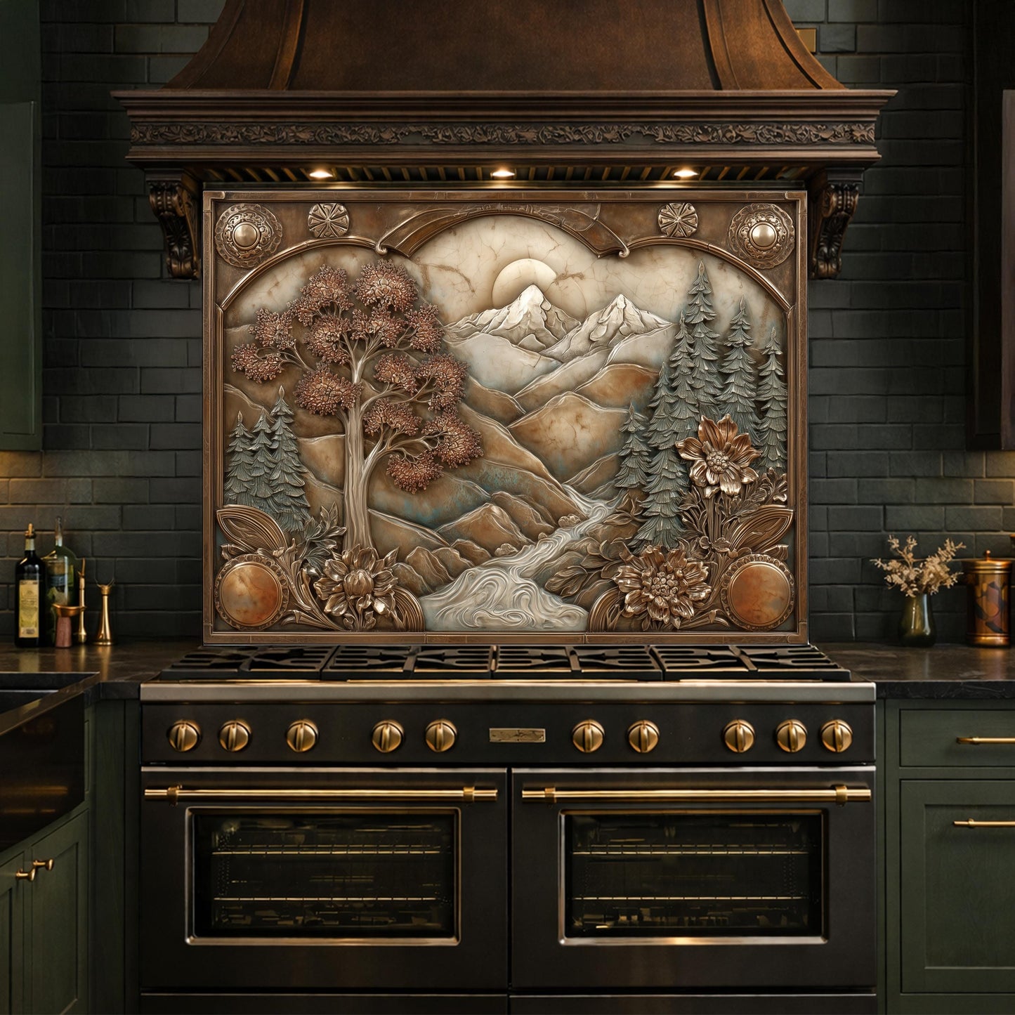 Wilderness Valley Tempered Glass Backsplash, Copper Embossed River Forest Wall Panel, Custom Size