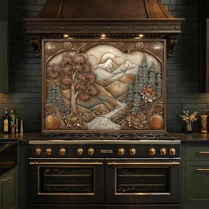 Wilderness Valley Tempered Glass Backsplash, Copper Embossed River Forest Wall Panel, Custom Size