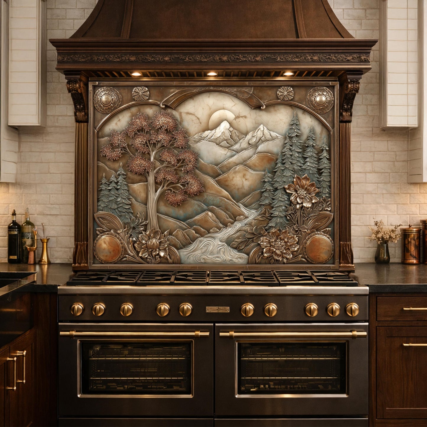 Wilderness Valley Tempered Glass Backsplash, Copper Embossed River Forest Wall Panel, Custom Size