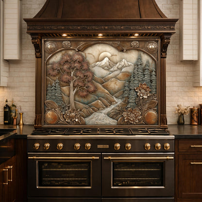 Wilderness Valley Tempered Glass Backsplash, Copper Embossed River Forest Wall Panel, Custom Size