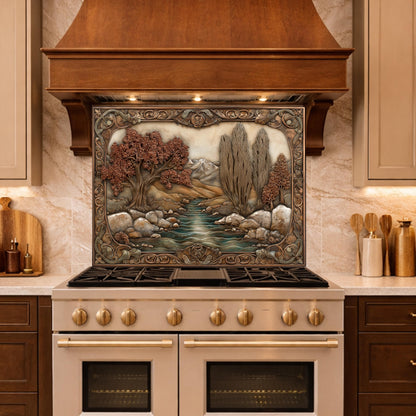 Wilderness River Tempered Glass Backsplash, Copper Look Autumn Forest Wall Panel, Custom, Heat Resistant
