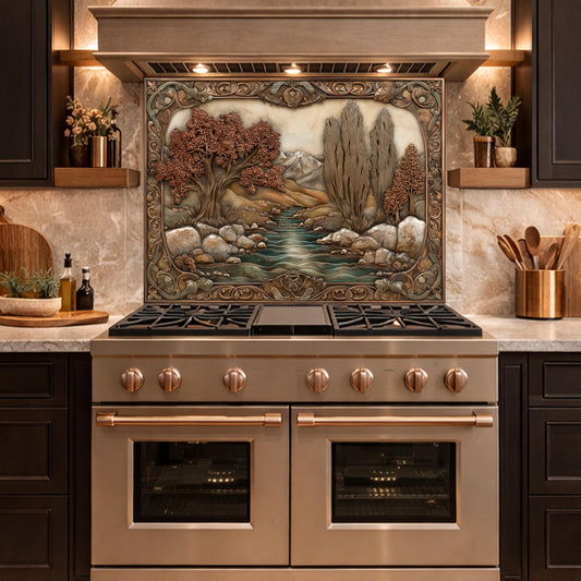 Wilderness River Tempered Glass Backsplash, Copper Look Autumn Forest Wall Panel, Custom, Heat Resistant