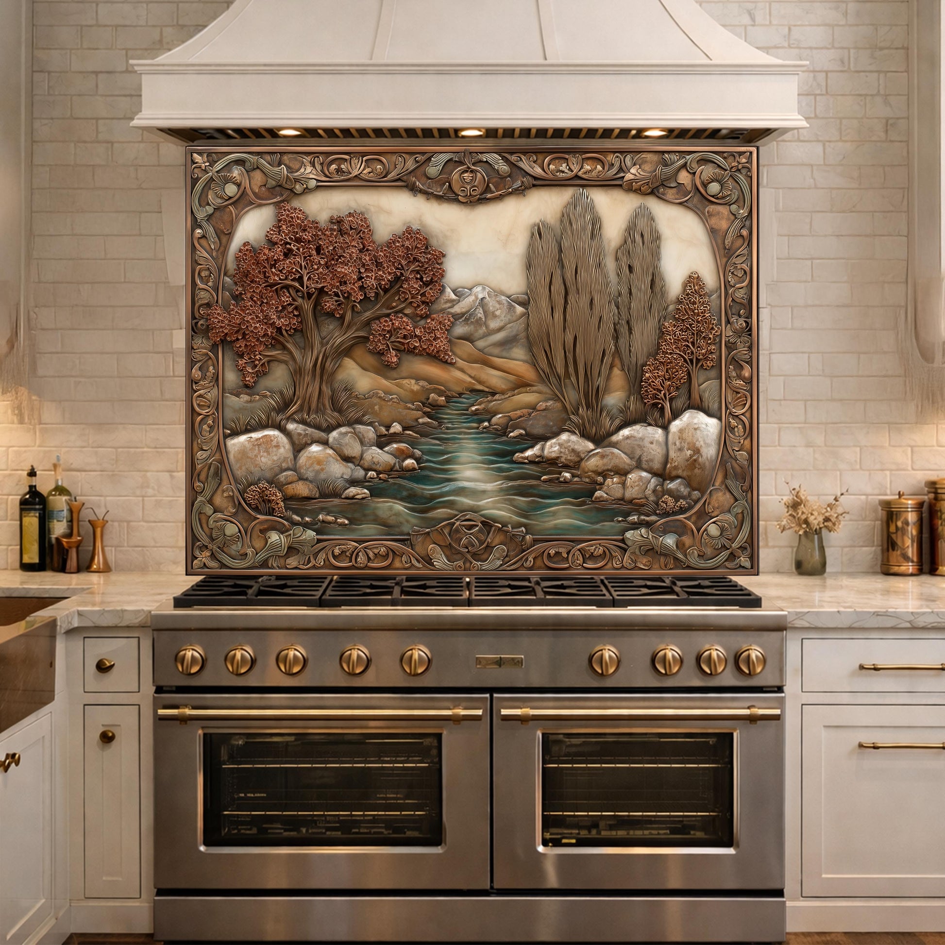 Wilderness River Tempered Glass Backsplash, Copper Look Autumn Forest Wall Panel, Custom, Heat Resistant