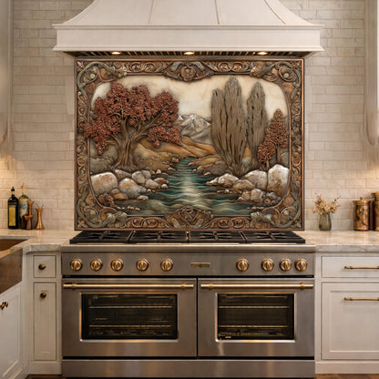 Wilderness River Tempered Glass Backsplash, Copper Look Autumn Forest Wall Panel, Custom, Heat Resistant