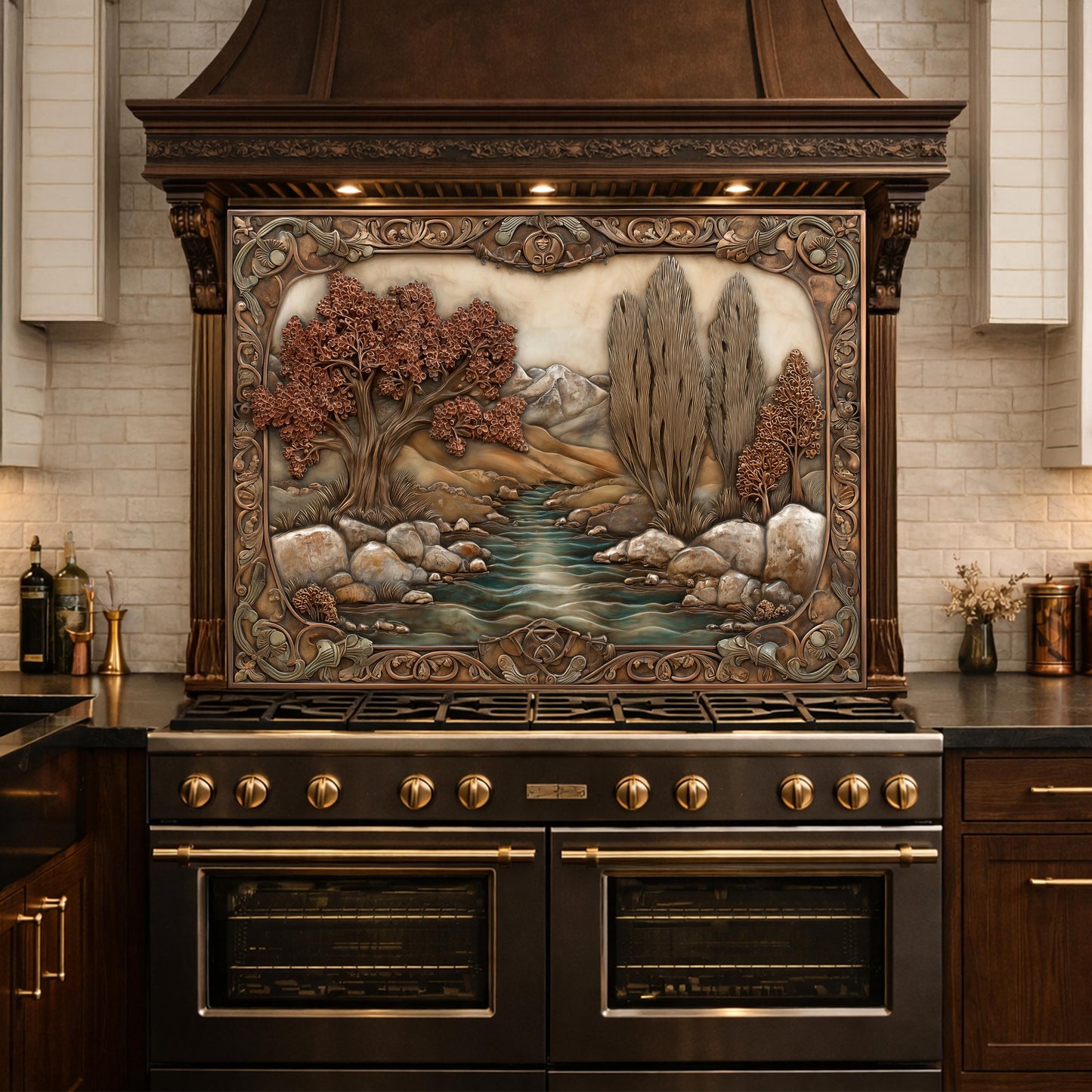 Wilderness River Tempered Glass Backsplash, Copper Look Autumn Forest Wall Panel, Custom, Heat Resistant