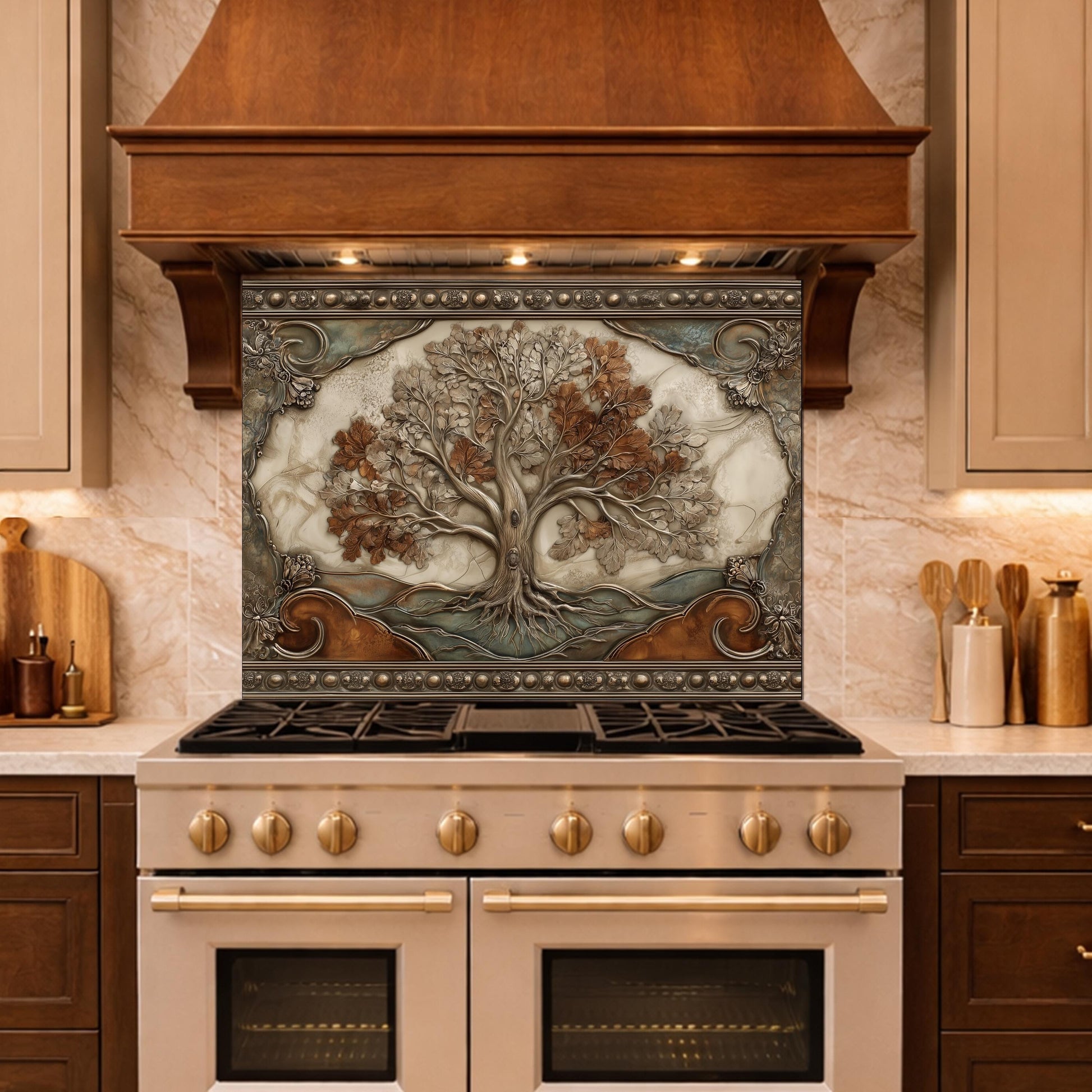 Tree of Life Tempered Glass Backsplash, Copper Embossed Oak Wall Panel, Heat Resistant