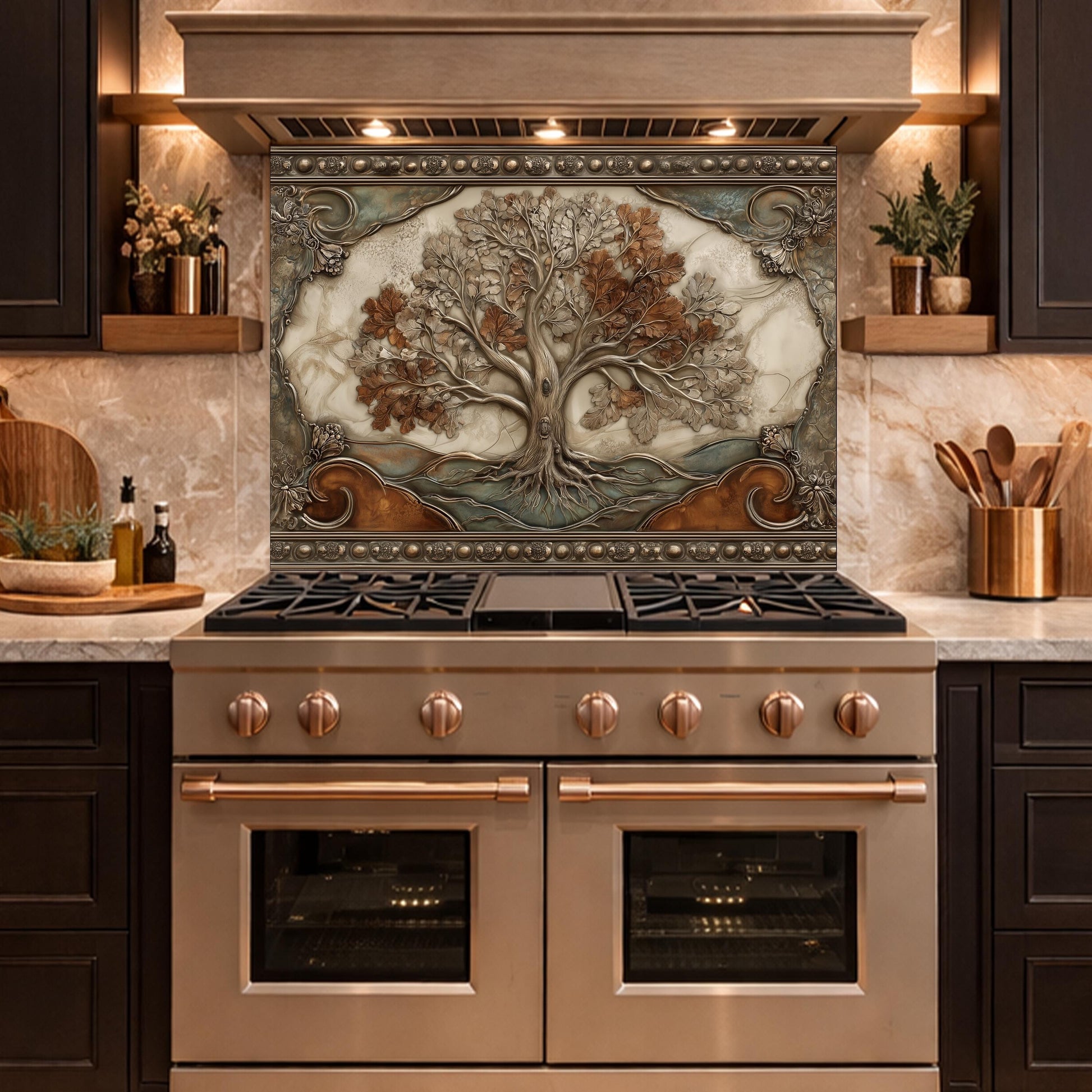 Tree of Life Tempered Glass Backsplash, Copper Embossed Oak Wall Panel, Heat Resistant