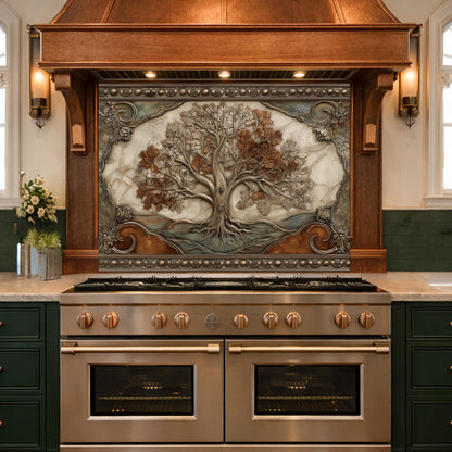 Tree of Life Tempered Glass Backsplash, Copper Embossed Oak Wall Panel, Heat Resistant