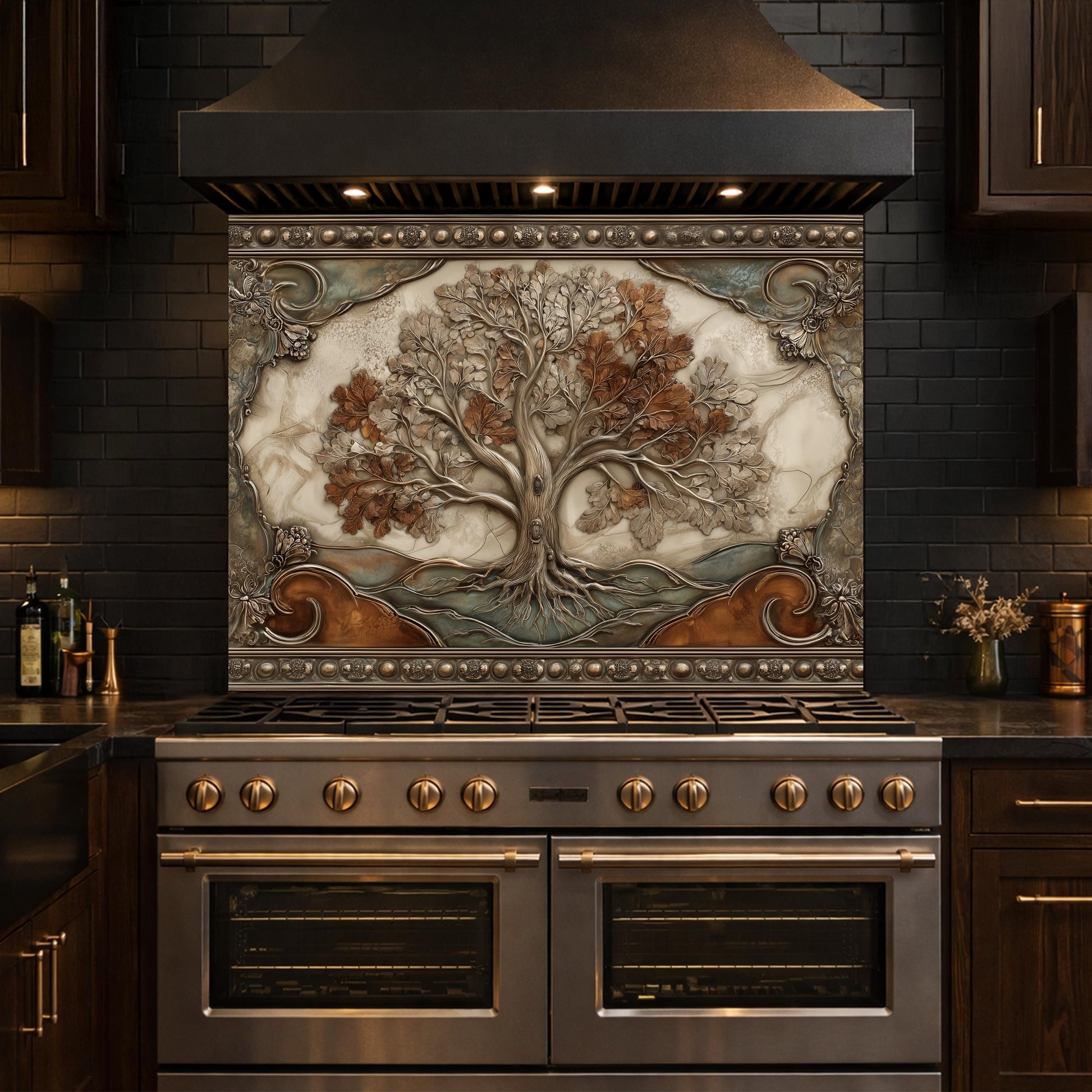 Tree of Life Tempered Glass Backsplash, Copper Embossed Oak Wall Panel, Heat Resistant