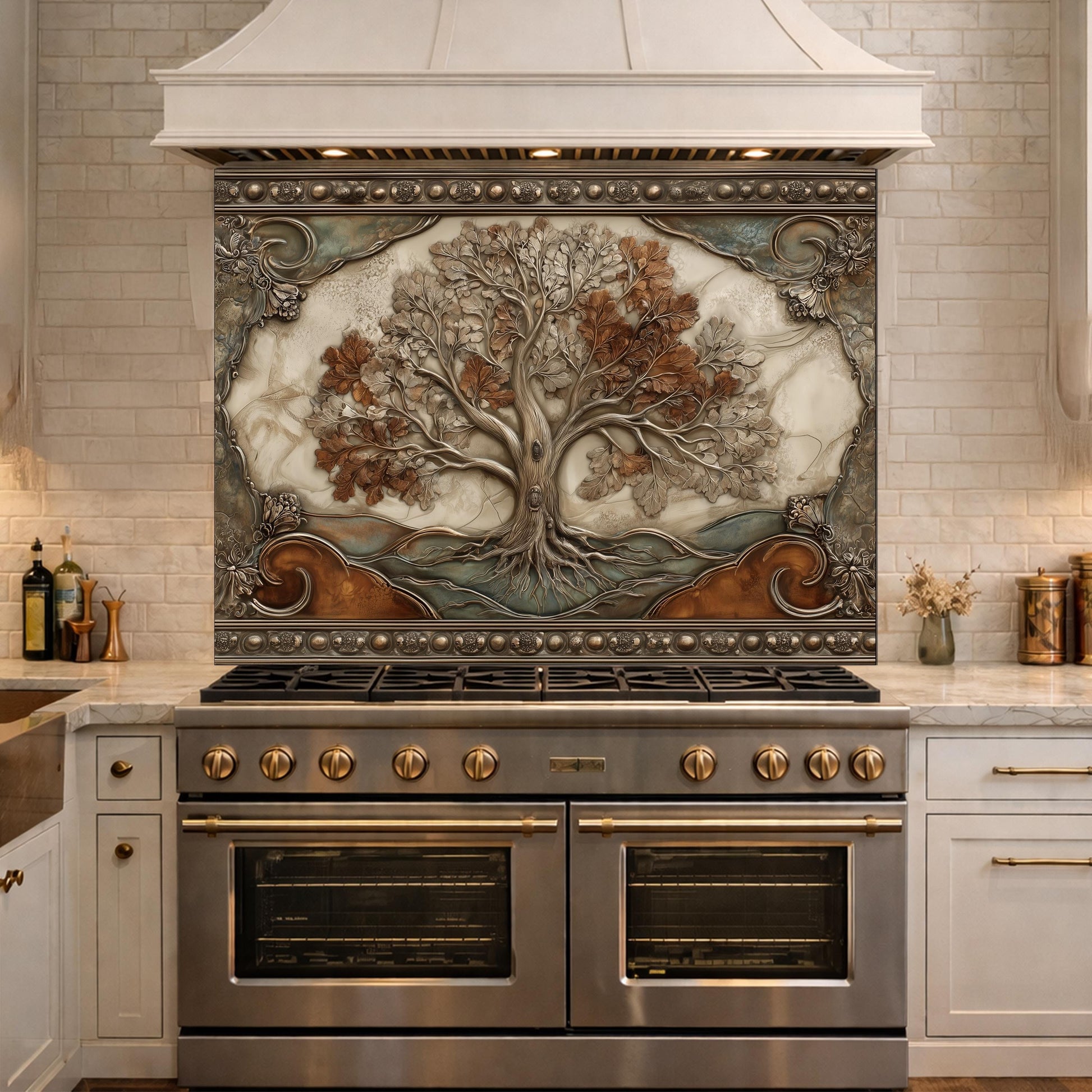 Tree of Life Tempered Glass Backsplash, Copper Embossed Oak Wall Panel, Heat Resistant