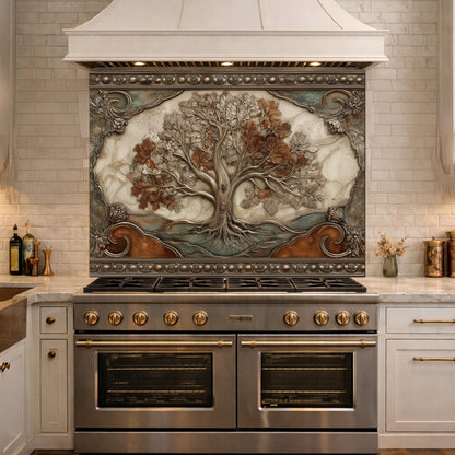 Tree of Life Tempered Glass Backsplash, Copper Embossed Oak Wall Panel, Heat Resistant