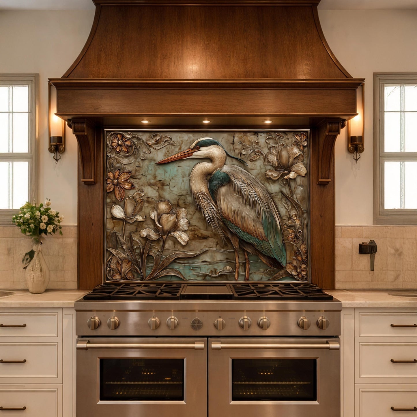 Blue Heron Tempered Glass Backsplash, Copper Look Botanical Bird Wall Panel, Custom, Heat Resistant