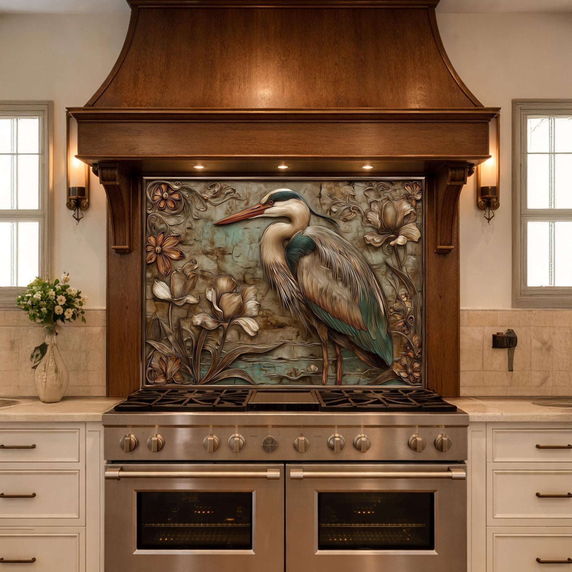 Blue Heron Tempered Glass Backsplash, Copper Look Botanical Bird Wall Panel, Custom, Heat Resistant
