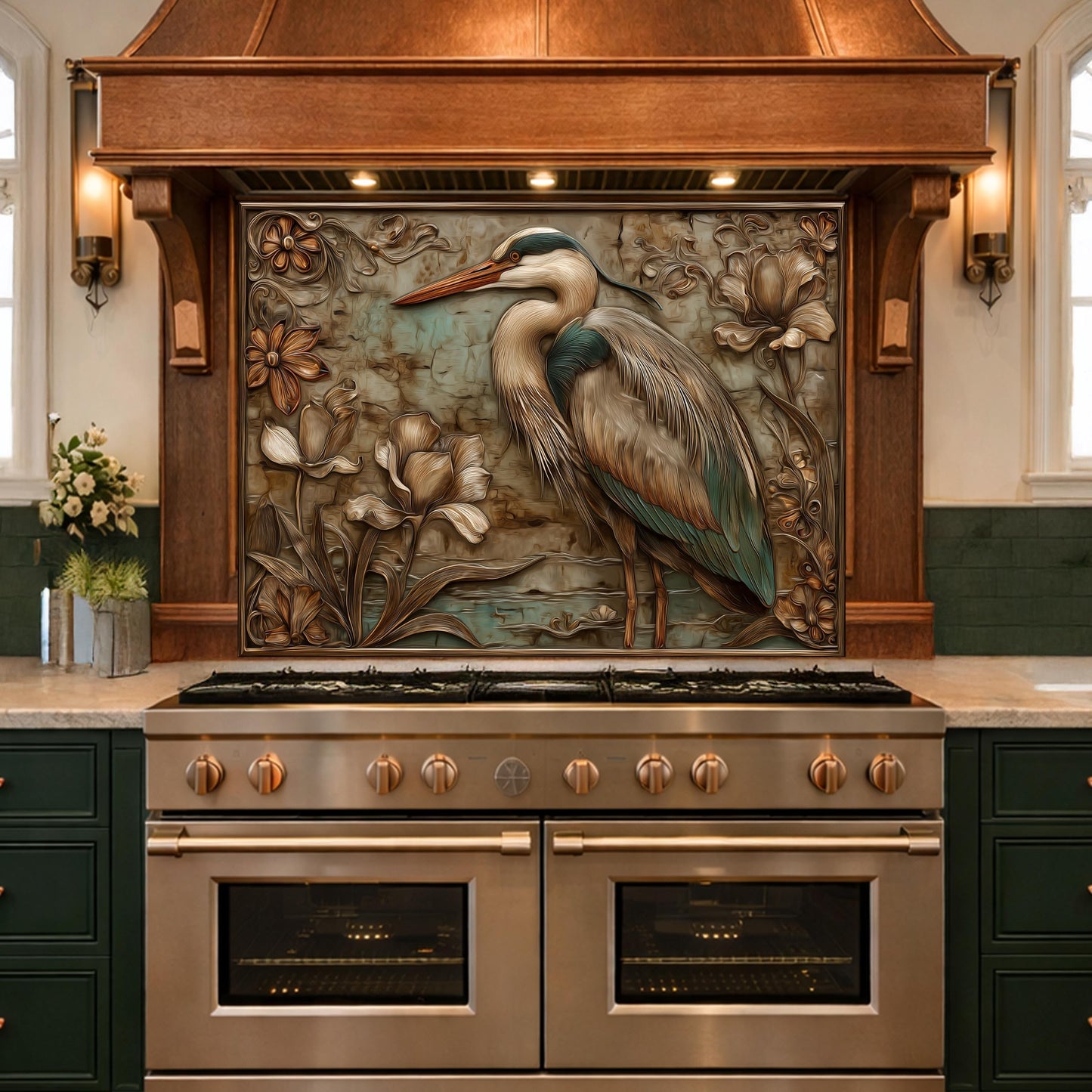 Blue Heron Tempered Glass Backsplash, Copper Look Botanical Bird Wall Panel, Custom, Heat Resistant