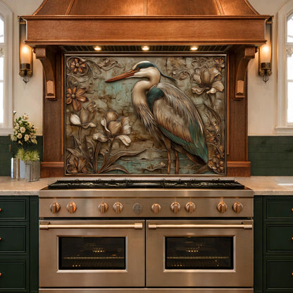 Blue Heron Tempered Glass Backsplash, Copper Look Botanical Bird Wall Panel, Custom, Heat Resistant
