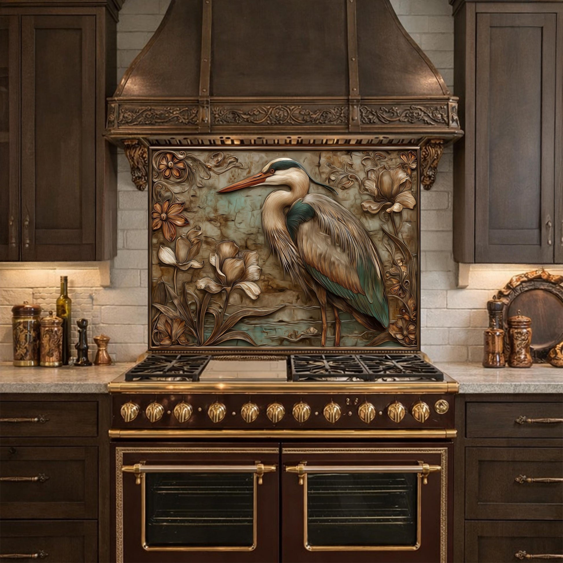 Blue Heron Tempered Glass Backsplash, Copper Look Botanical Bird Wall Panel, Custom, Heat Resistant